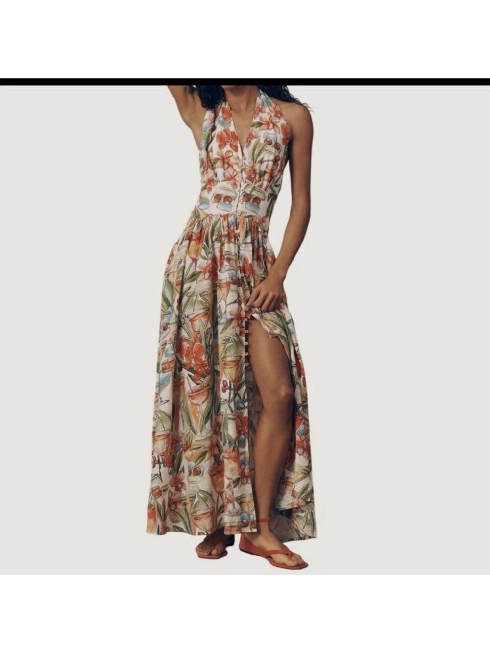 Farm Rio Cocktail Off-White Maxi Dress Medium Tropical Floral Halter Linen Blend